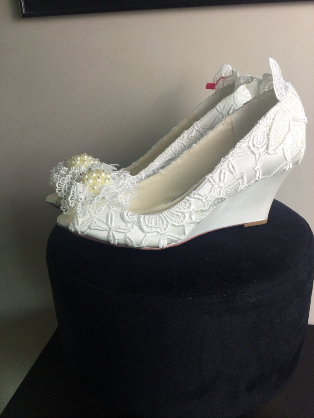 Lace Peep-Toe Wedge Heels with Pearl Accent - White